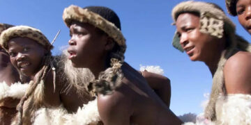 Zulu girls in South Africa dance before their king