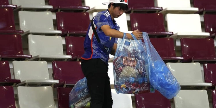 Japanese football fans, as they always do after a match, clean up the stadium. Japan shocked Germany 2-1 in their Group E encounter at the ongoing 2022 FIFA World Cup in Qatar
