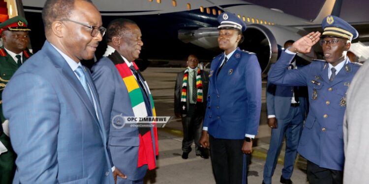 President Mnangagwa is welcomed by Zimbabwean Ambassador to Senegal James Maridadi (second from right) and Senegal Justice Minister Ismaila Madior Fall(far right, purple necktie), at Leopold Sedar Senghor International Airport in Senegal.