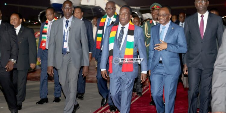 President Mnangagwa is welcomed by Zimbabwean Ambassador to Senegal James Maridadi (second from right) and Senegal Justice Minister Ismaila Madior Fall(far right, purple necktie), at Leopold Sedar Senghor International Airport in Senegal.