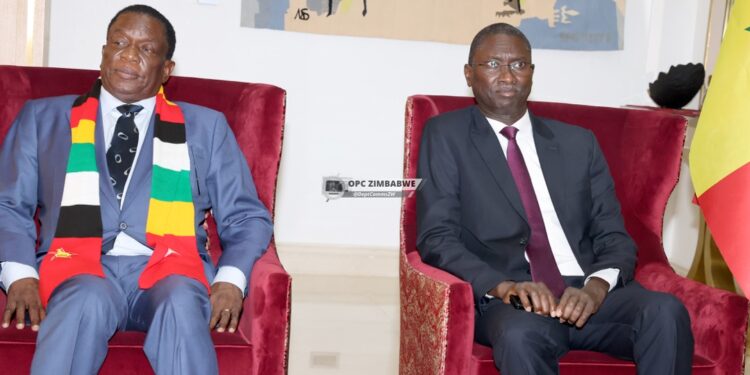 President Mnangagwa is welcomed by Zimbabwean Ambassador to Senegal James Maridadi (second from right) and Senegal Justice Minister Ismaila Madior Fall(far right, purple necktie), at Leopold Sedar Senghor International Airport in Senegal.
