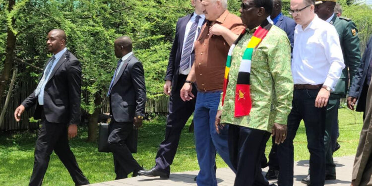 President E Mnangagwa of Zimbabwe and President A Lukashenko of Belarus in Victoria Falls Rainforest on 1 February 2023